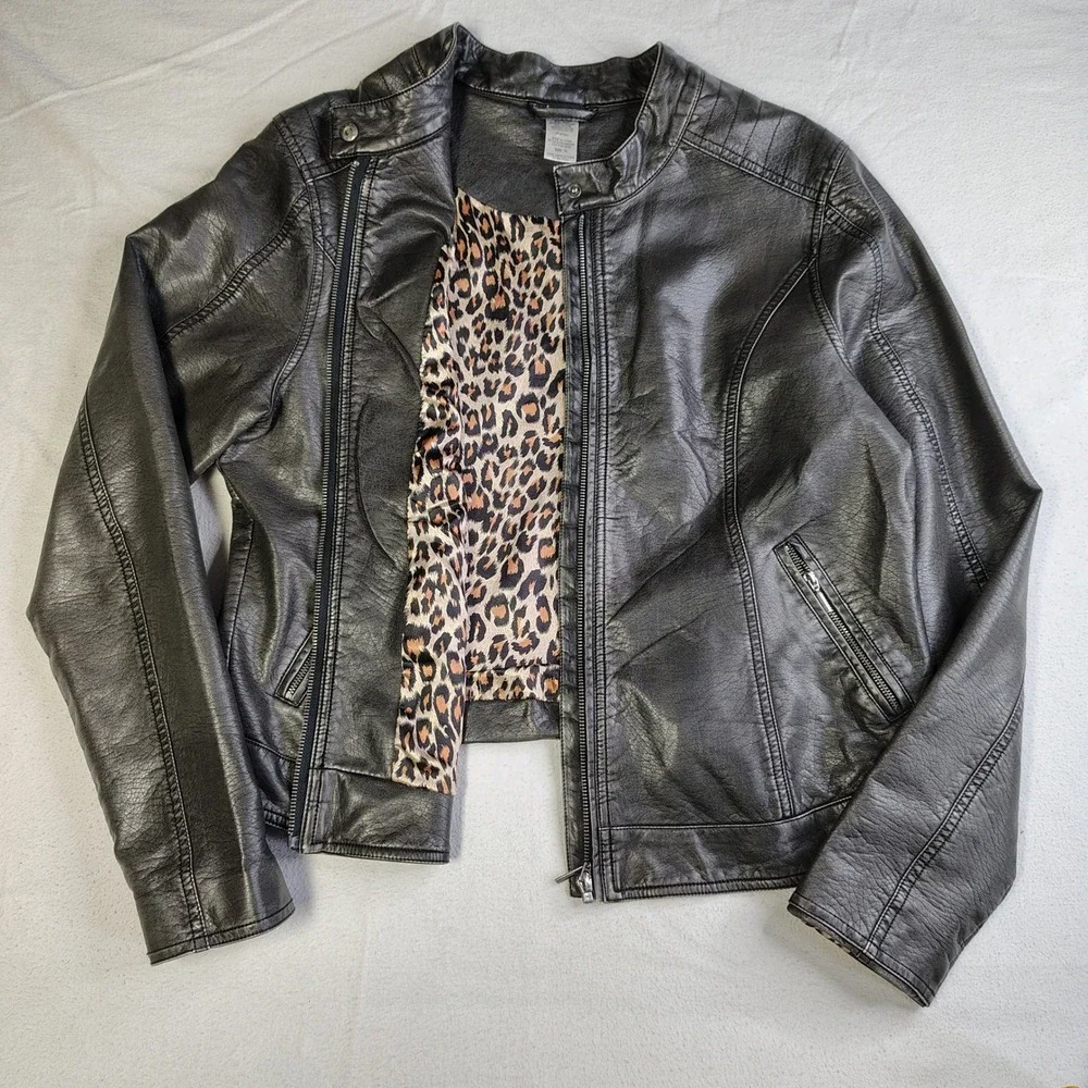 Cruel Womens Faux Leather Biker Jacket Metallic Black Leopard Lining XL - Picture 1 of 15